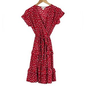 Monteau | Like new red flutter sleeve tiered surplice belted dress size …